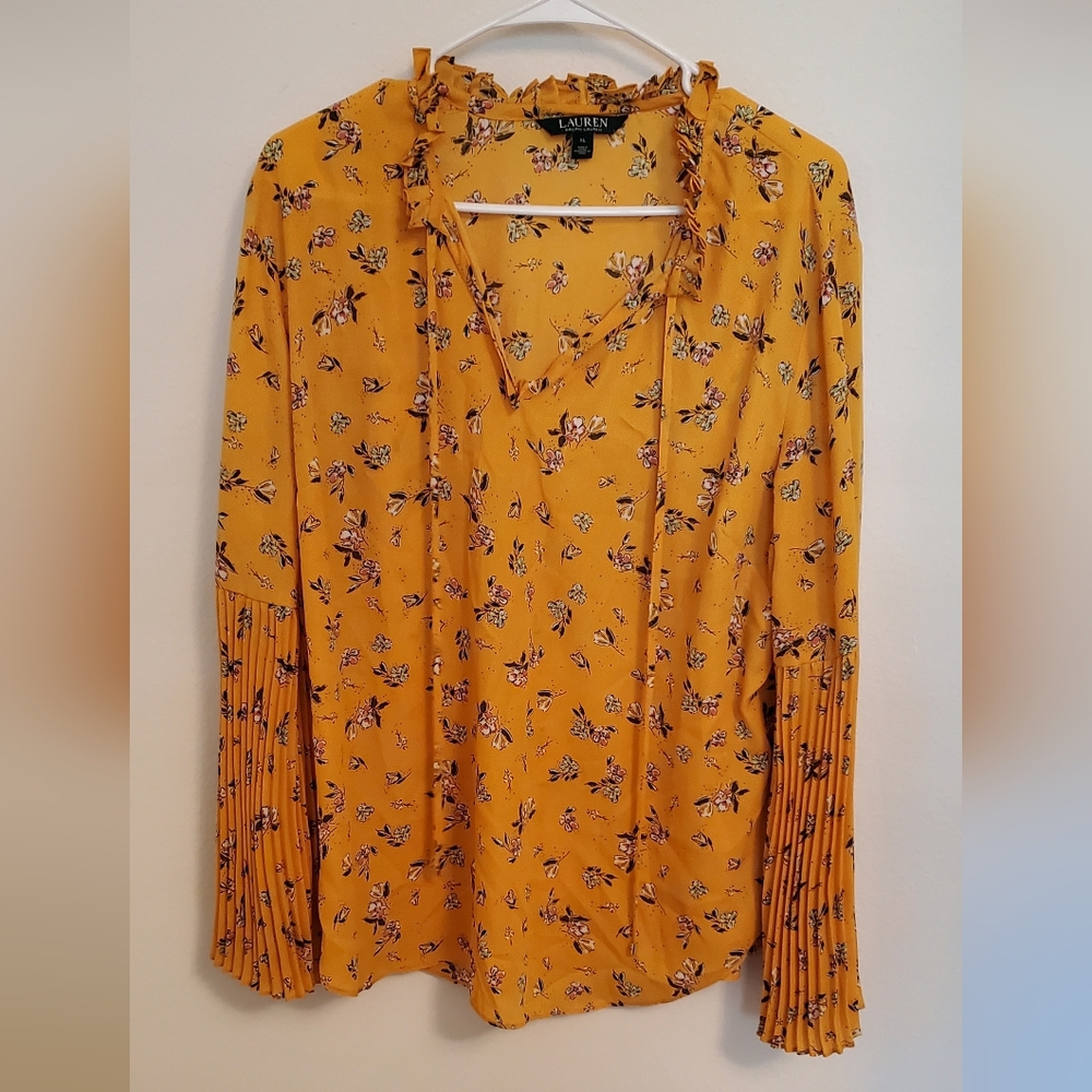 Lauren By Ralph Lauren Mustard Floral Blouse With Crinkle Bell Sleeves Spring